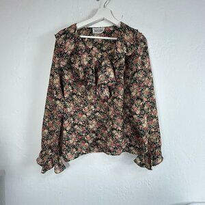 Vintage Daniel Caron Womens Floral Long Sleeve Ruffle Blouse Top Black Pink Boho